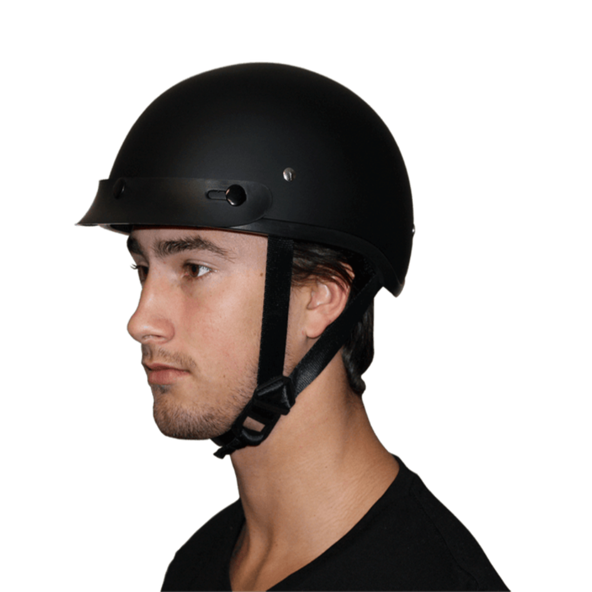 A person wearing a Daytona D.O.T Skull Cap - w/Lovesee Helmet, featuring a sleek slim line design.