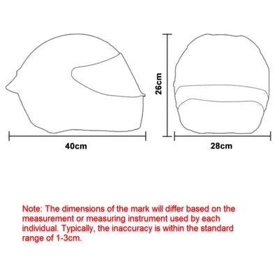 Technical illustration of Cool Motorcycle Helmet Cover - Blue Elmo measurement guidelines with a note on potential measurement inaccuracy and emphasis on selecting covers that increase visibility.