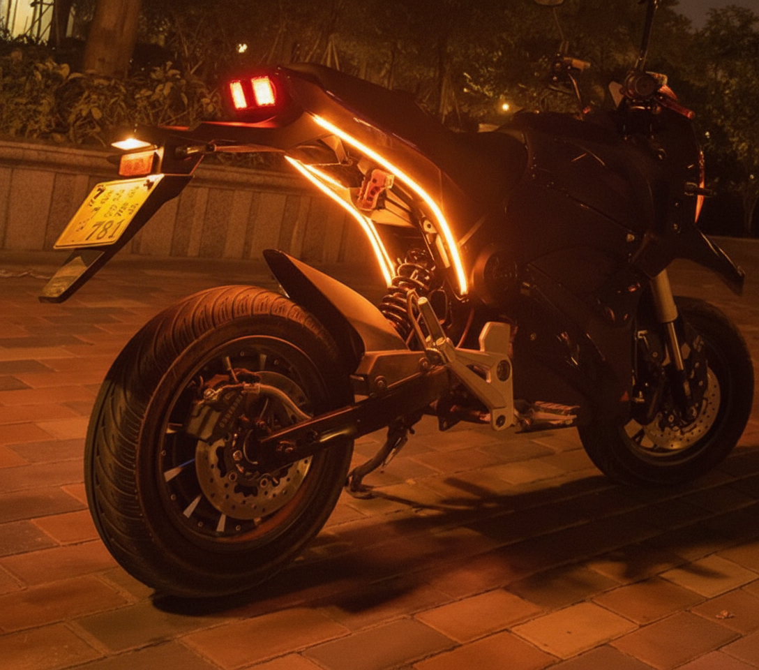 flexible motorcycle LED strip lights glowing amber at night