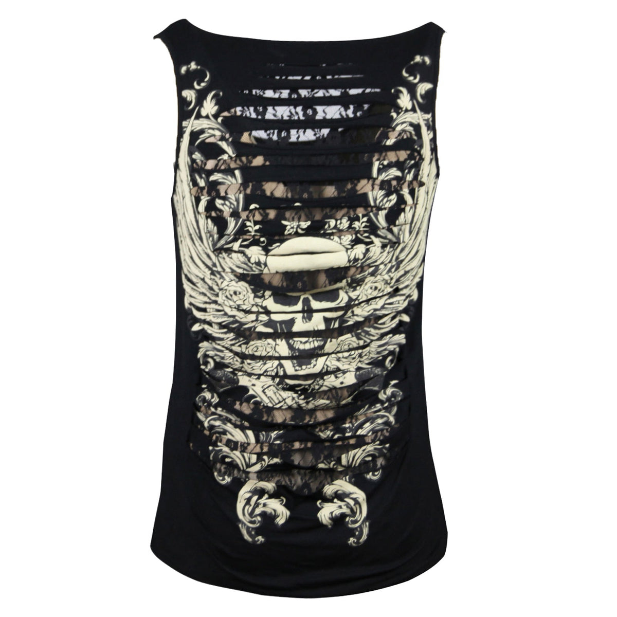 VB032B / VB132B Skull & Wings - Ladies Skull & Wings Black Tank Top with Shredded Back