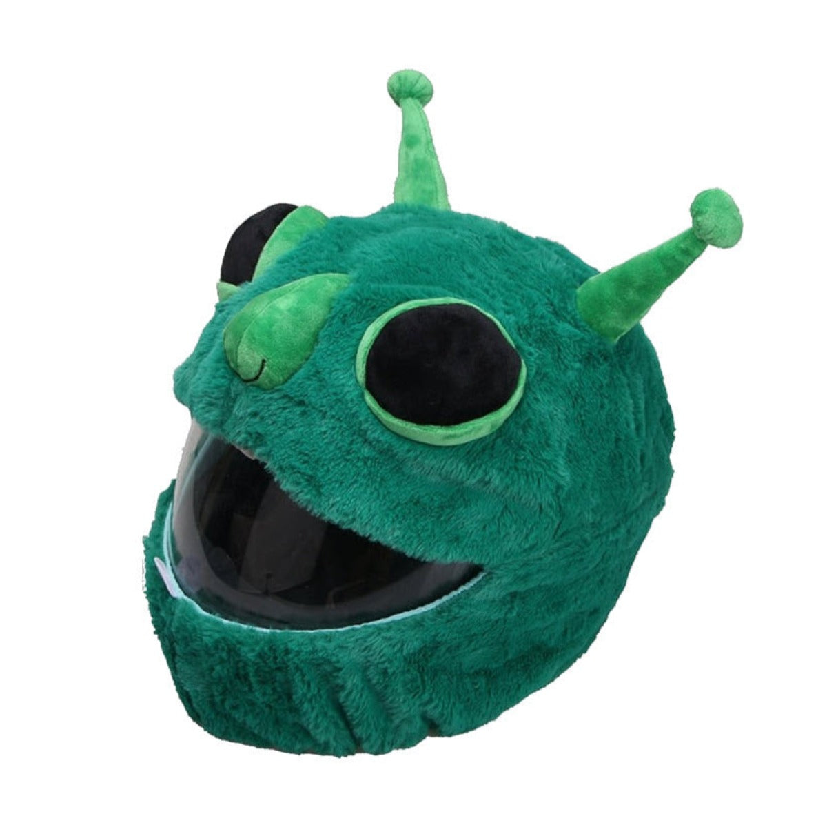 This Cool Motorcycle Helmet Cover - Alien is a green, plush alien-themed design with two antennae and large black eyes. The face area features a transparent visor, making it an attention-grabbing riding accessory that’s both hilarious and functional.