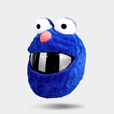 Cool Motorcycle Helmet Cover - Blue Elmo with googly eyes and an open mouth against a gray background.