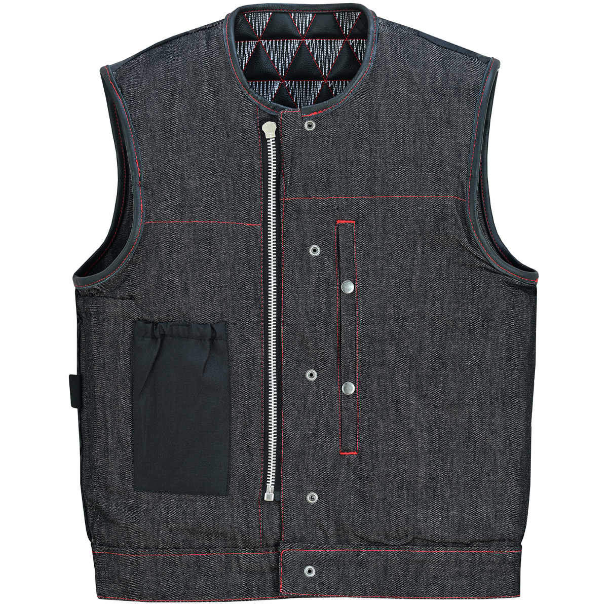 Vance Leather Men's Denim & Leather Motorcycle Vest - Red & White Stitching, Conceal Carry Pockets