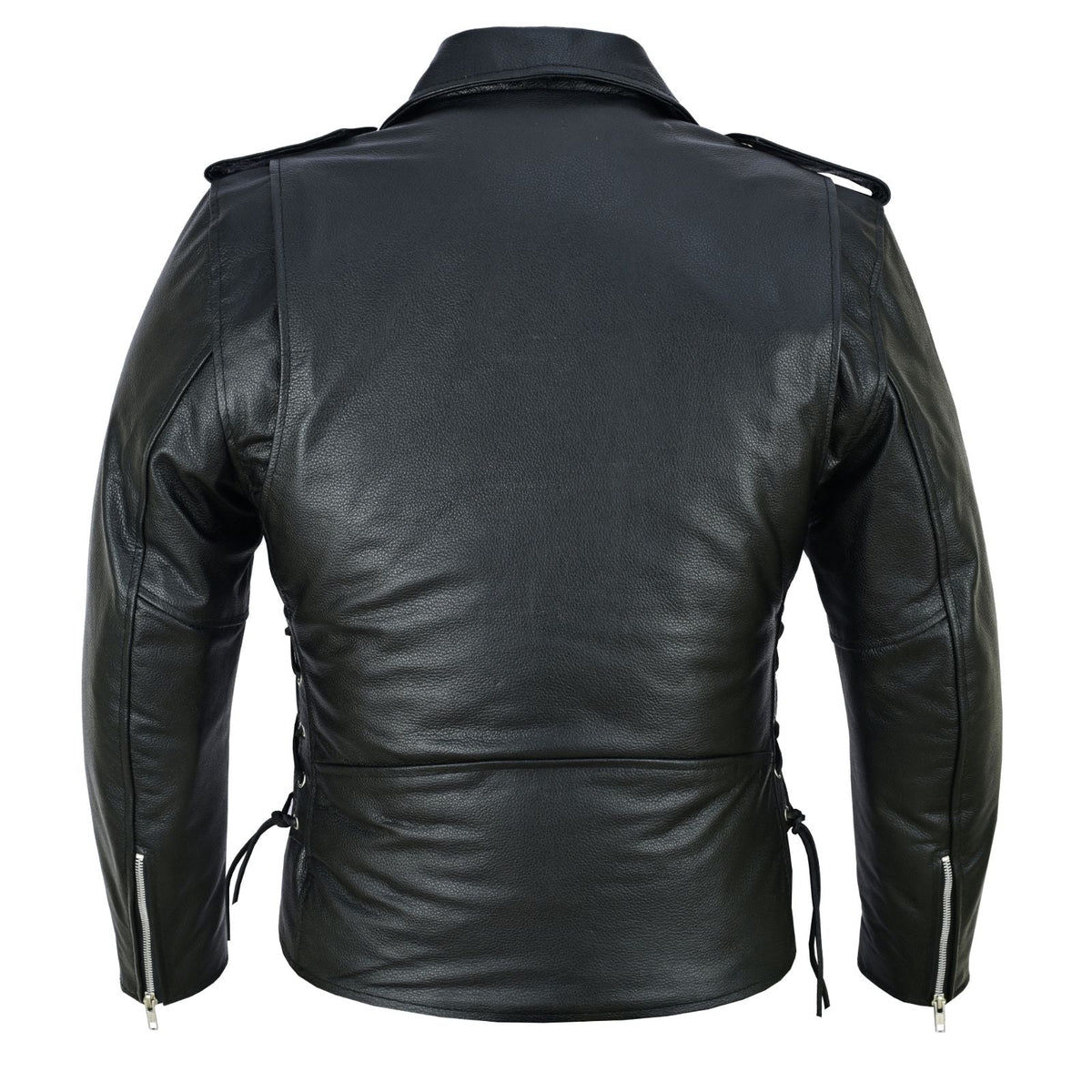 Men's Black Leather Motorcycle Jacket with CE Armor, Classic Biker Style w/ Side Lace & Belted Waist