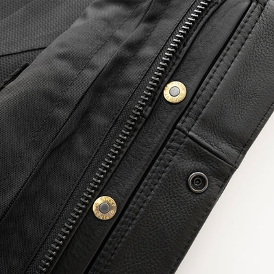 A close up of a zipper on the First Manufacturing Sharp Shooter Motorcycle Leather Vest.