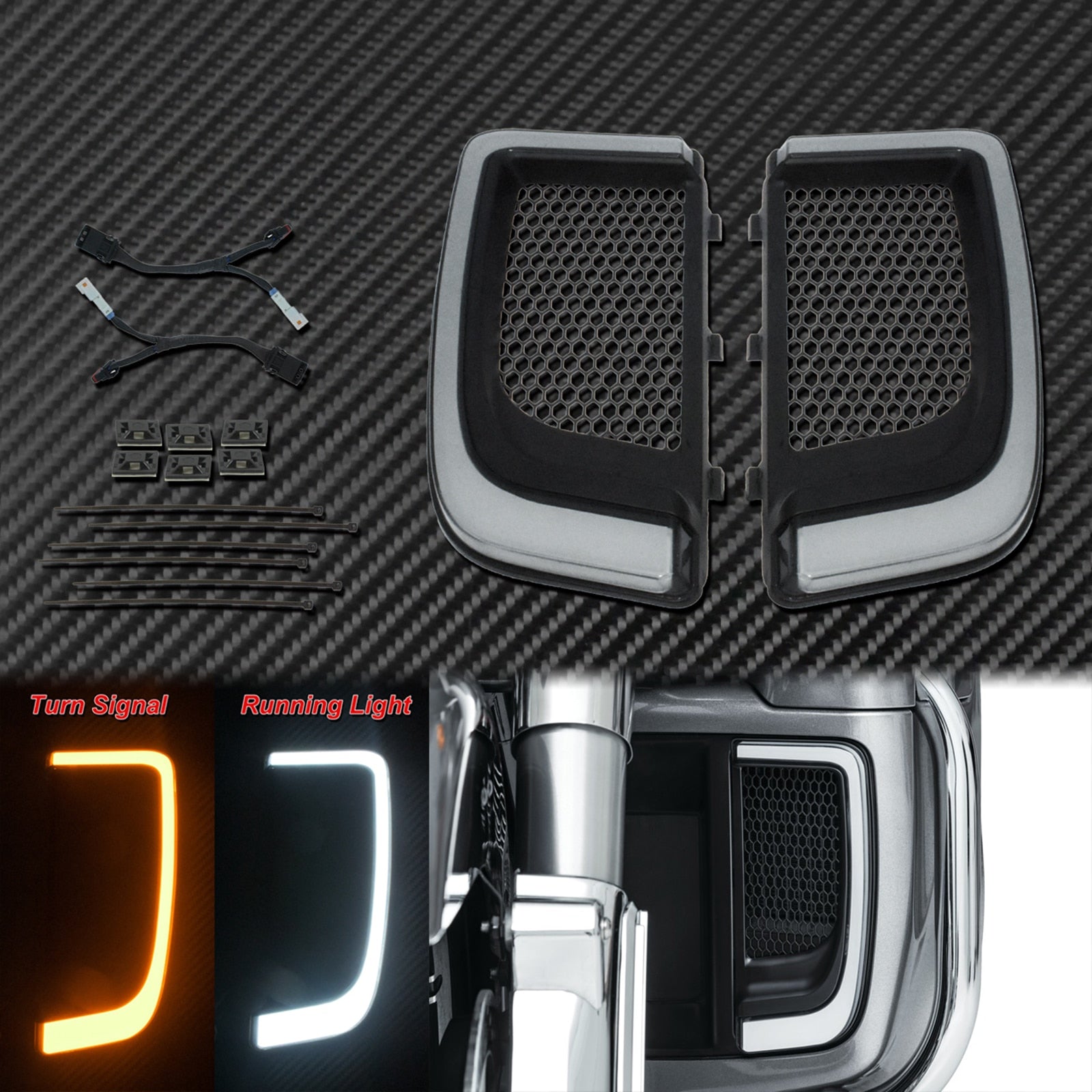 The Motorcycle LED Turn Signal Light Fairing Lower Grills for Harley Touring is a powerful SUV that embodies the spirit of luxury and adventure. With its sleek design and spacious interior, the Yukon offers an exceptional driving experience for those seeking both style.