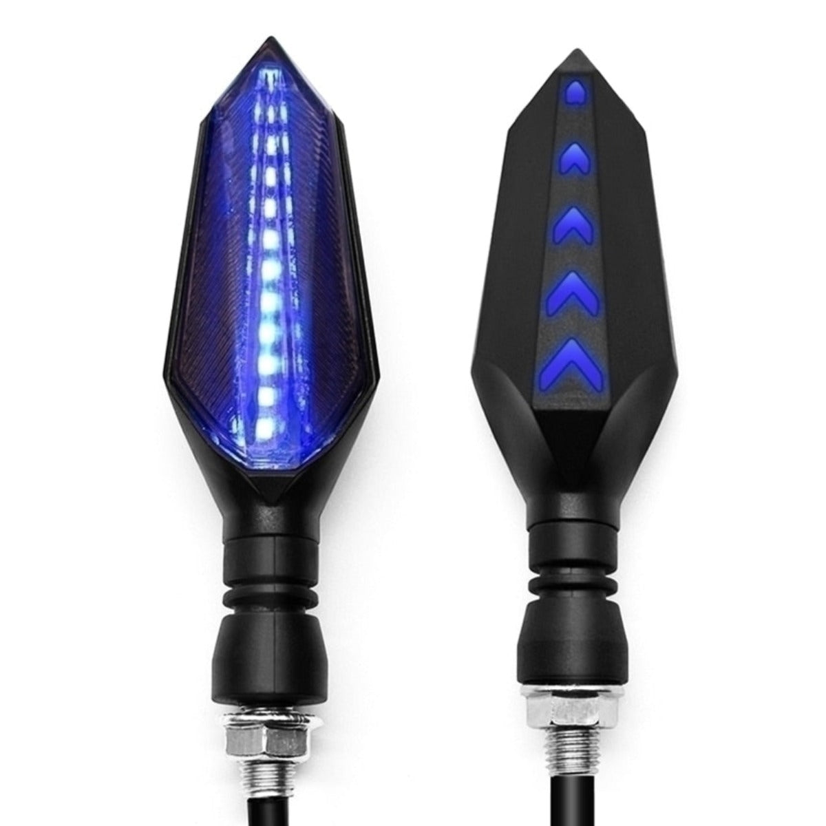 Two Universal Motorcycle LED Turn Signal Sequential Flow on a white background, ensuring safety and a sleek sequential flow.