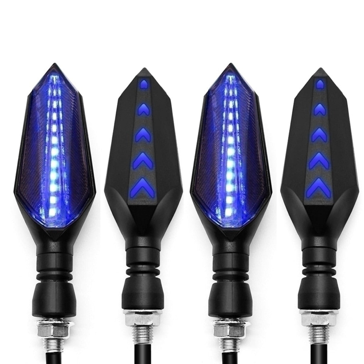 Four Universal Motorcycle LED Turn Signal Sequential Flow on a black background enhance motorcycle safety.