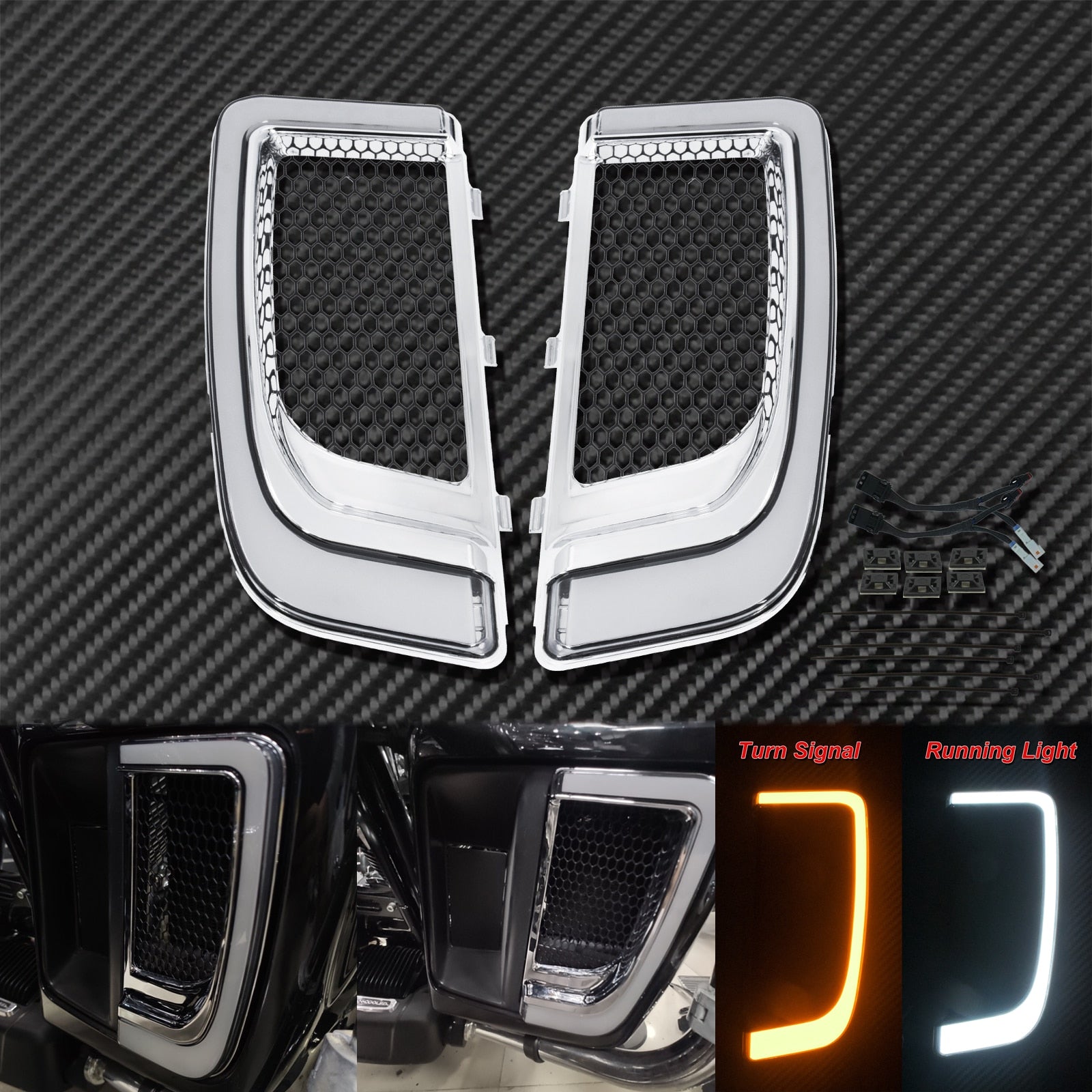 Chevrolet silverado 1500 with Harley Touring Bike features and Motorcycle LED Turn Signal Light Fairing Lower Grills for Harley Touring enhancements.