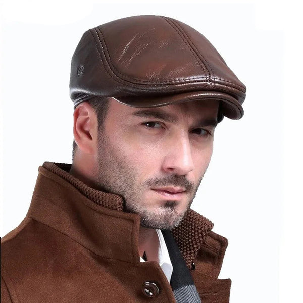 Men's Cowhide Leather Winter Beret Hat with Ear Flaps