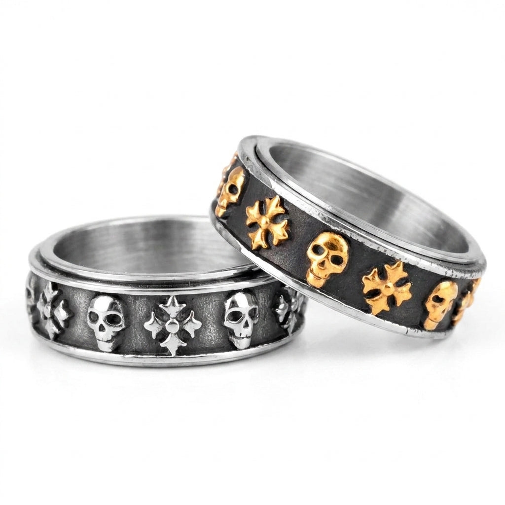 Stainless Steel Biker Ring - Cross Skull Retro Rotatable Stainless Ste