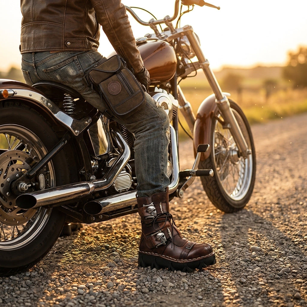 Rider wearing the skull leather biker boots and matching leg bag