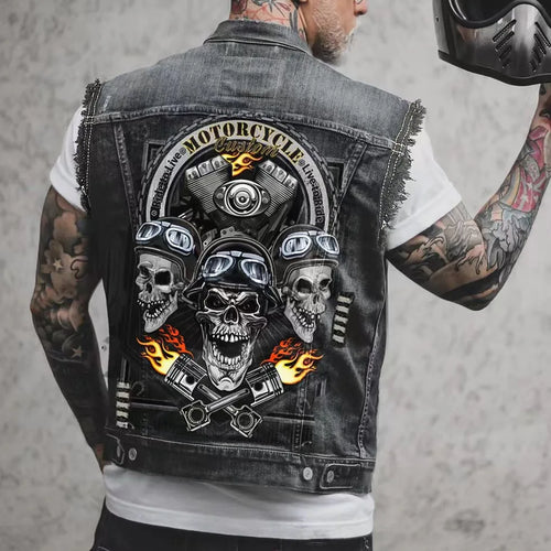Men's Denim Biker Vest, Three Skull Sleeveless Motorcycle Vest
