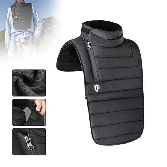 The ALR™ Neck Scarf Rider's Thermal Protector is a black, padded neck and chest warmer with a zipper, featuring Thinsulate for exceptional insulation. Includes close-up images of the fabric texture, zipper, strap fastener, and an inset of someone wearing this motorcycle thermal protector.