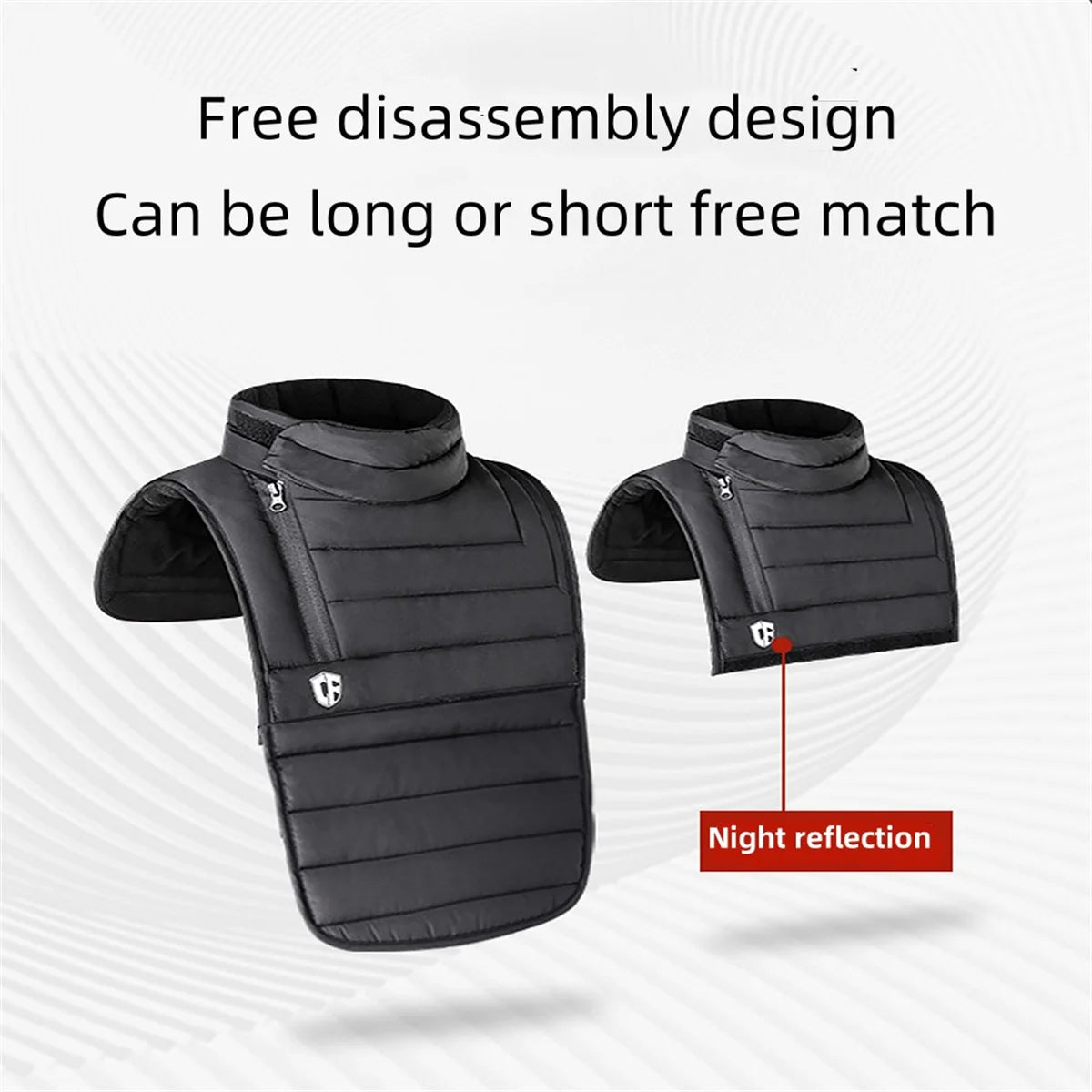 The ALR™ Neck Scarf Rider's Thermal Protector is a black, adjustable winter vest with removable sections, featuring a high collar, zippered front, and night reflection. Enhanced with Thinsulate for superior warmth and "free disassembly" for length adjustment, it’s ideal as a motorcycle thermal protector.