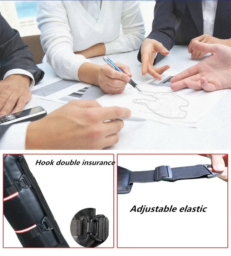 People discussing a drawing at a table; below, a close-up shows ALR™ Motorcycle Warm Kneepads with "Hook double insurance" and "Adjustable elastic" strap. Designed for winter protection, these kneepads are made from waterproof PU leather.