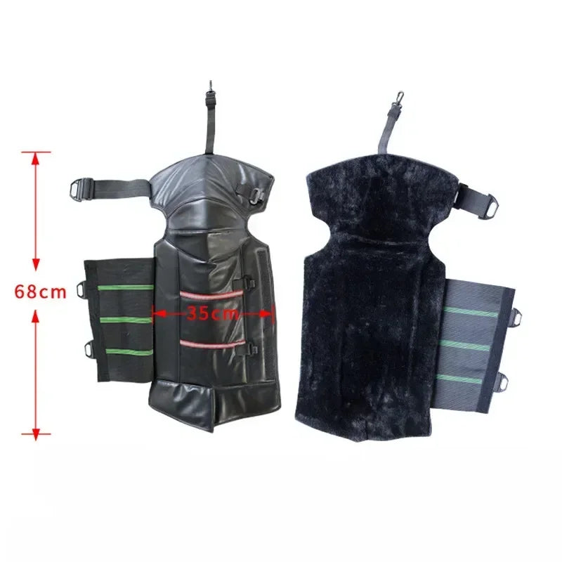 Two ALR™ Motorcycle Warm Kneepads in black, crafted from waterproof PU leather with cozy fur lining and adjustable straps. Each measures 68cm tall by 35cm wide, ideal for winter protection.