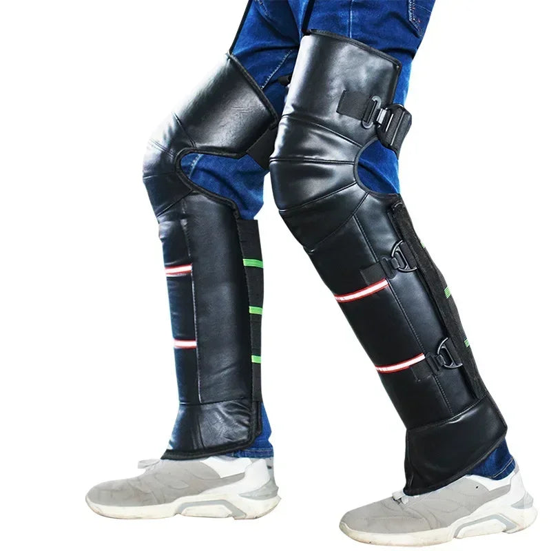 An individual dons ALR™ Motorcycle Warm Kneepads crafted from waterproof PU leather, pairing them over blue pants and gray sneakers.