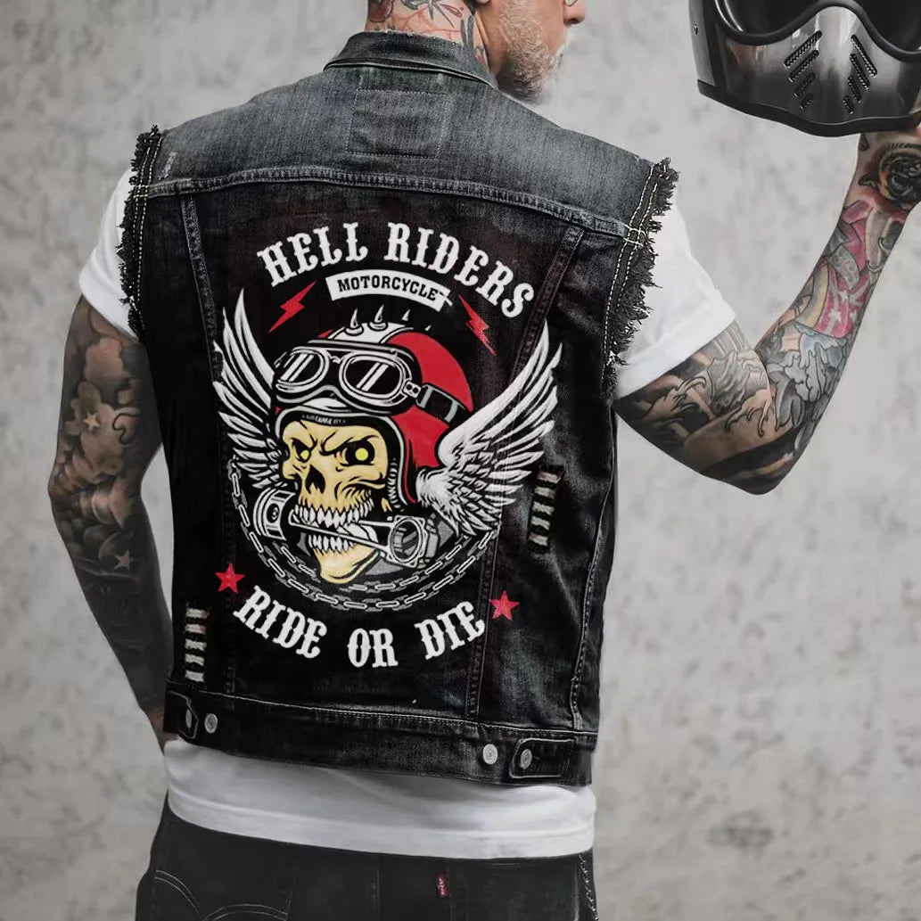 Alr™ Men's Denim Biker Motorcycle Vest, Hell Riders American