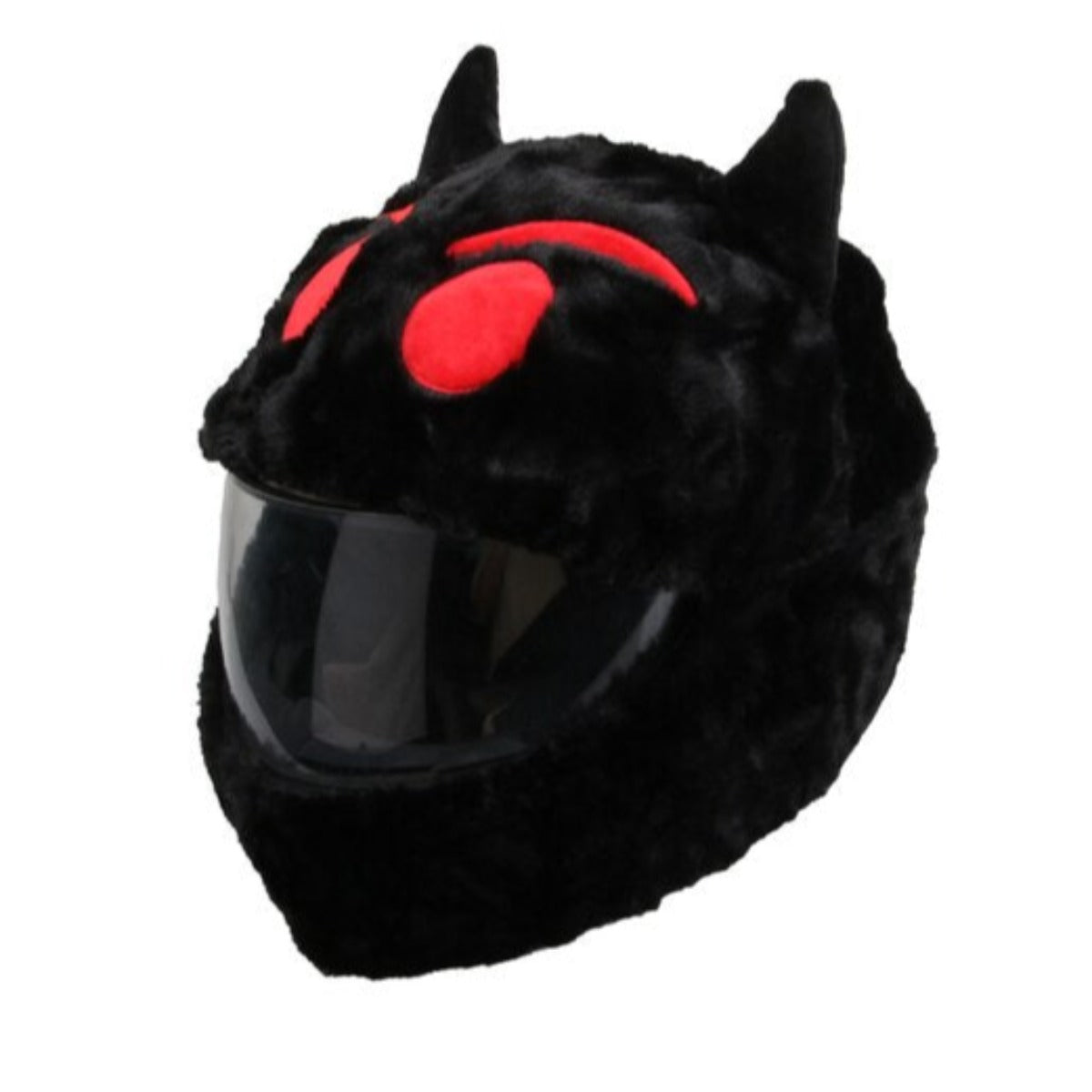 The Cool Motorcycle Helmet Cover - Black Devil Emoji, with its fur-like texture, red antennae, and eye-like details on top, resembles an insect or creature. A clear visor covers the front, making it a standout accessory and a hilarious riding companion for your motorcycle adventures.