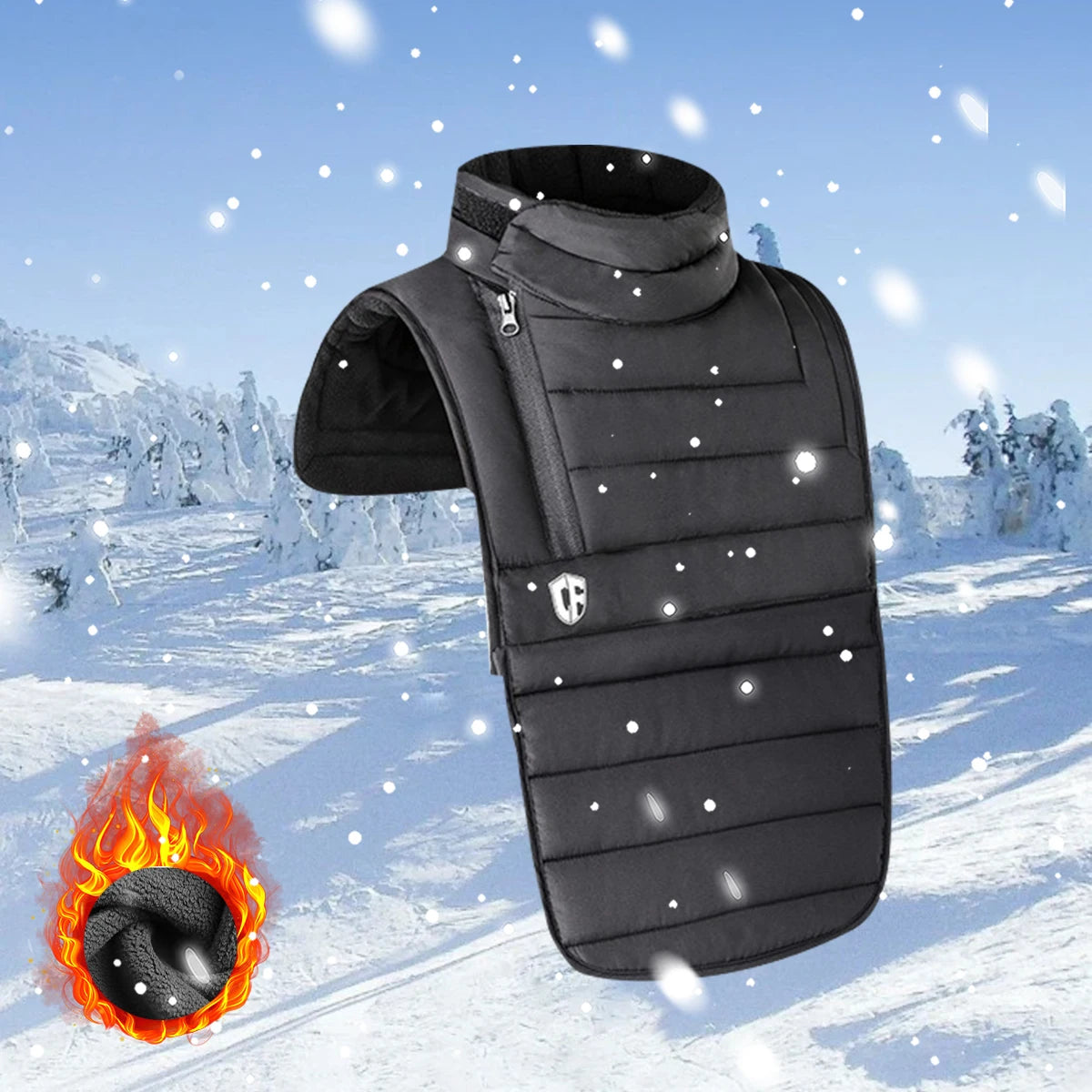 In a snowy landscape, the ALR™ Neck Scarf Rider's Thermal Protector keeps you warm among snow-covered trees. A flame icon hints at its heat functionality, enhanced by Thinsulate material for insulation. Perfect for chilly motorcycle rides.