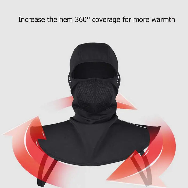The ALR™ Winter Balaclava Neck Warmer sports a black design with an extended hem for full 360° coverage. Red arrows signify added warmth, making it perfect for winter sports.