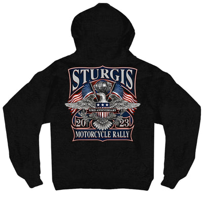 A Limited Edition Hot Leathers Men's Sturgis 2023 Vintage Patriot Hoodie with the word Sturgis on it.