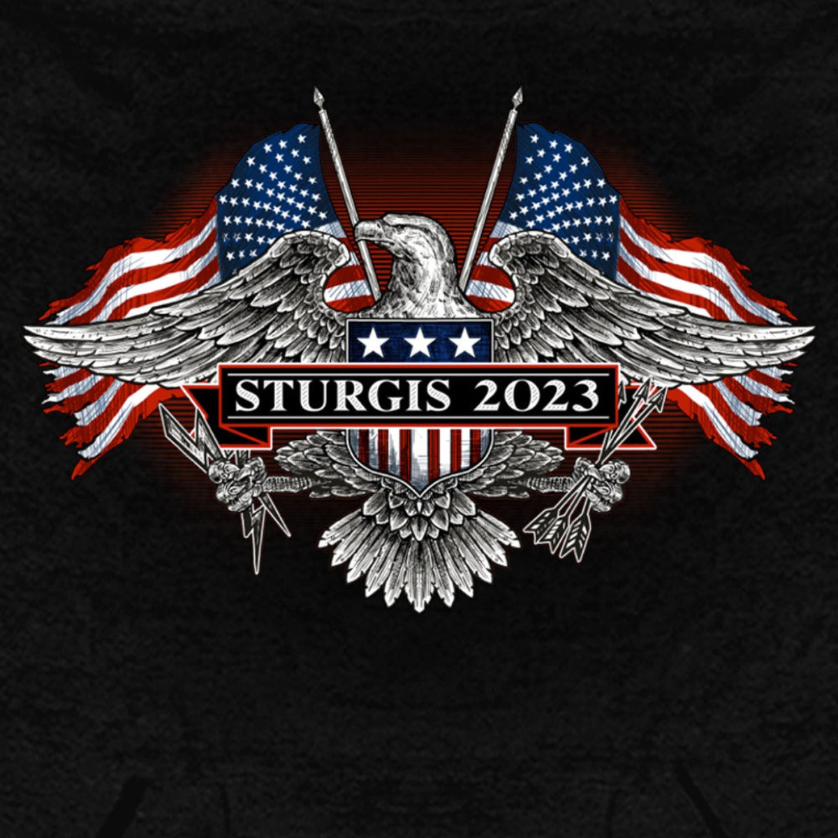 A limited edition Hot Leathers Men's Sturgis 2023 Vintage Patriot Hoodie with an eagle and American flags.