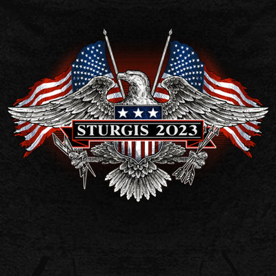 A limited edition Hot Leathers Men's Sturgis 2023 Vintage Patriot Hoodie with an eagle and American flags.