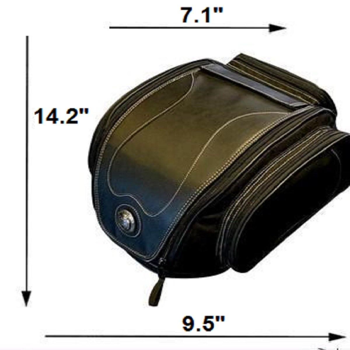 A picture of the Universal Motorcycle Retro Tail Bag with Waterproof Cover, made from waterproof leather and fiber material, featuring measurements.