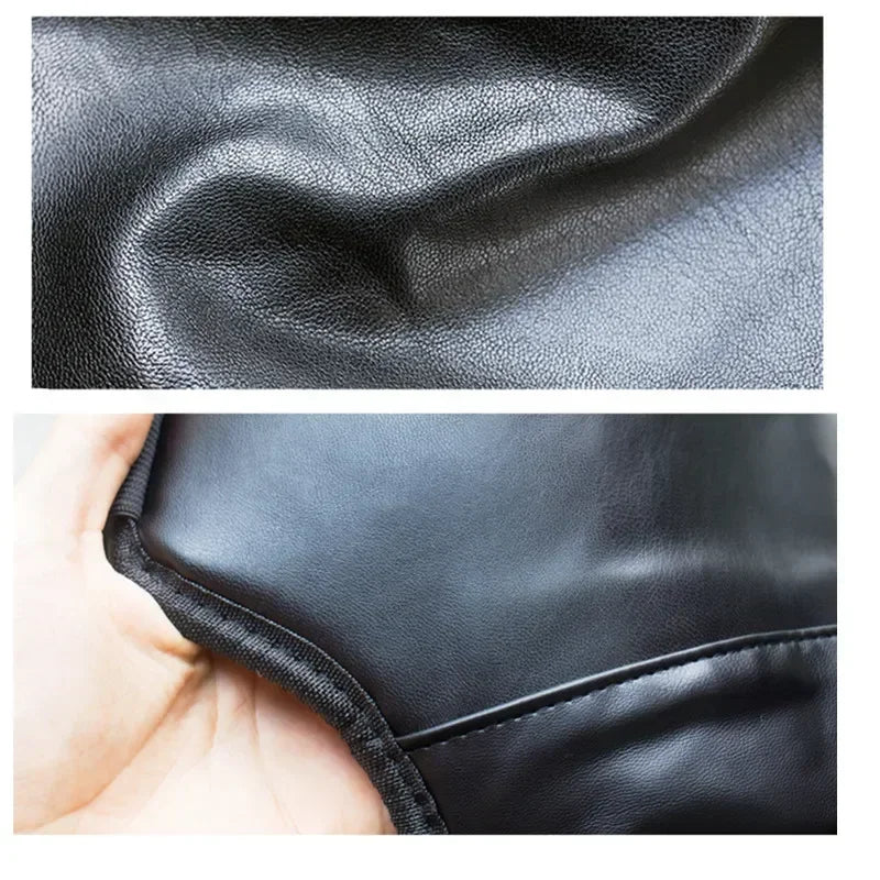Two images depict leather textures: the top features wrinkled black leather, and the bottom displays smooth waterproof PU leather with a hand holding it. Ideal for crafting winter-protective motorcycle kneepads using ALR™ Motorcycle Warm Kneepads.