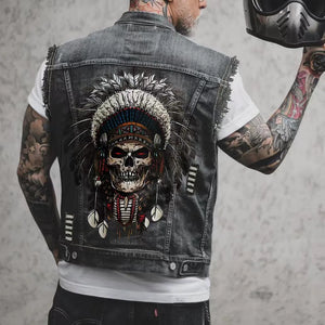 Men's Denim Biker Motorcycle Vest, Native Skull Graphic, ALR