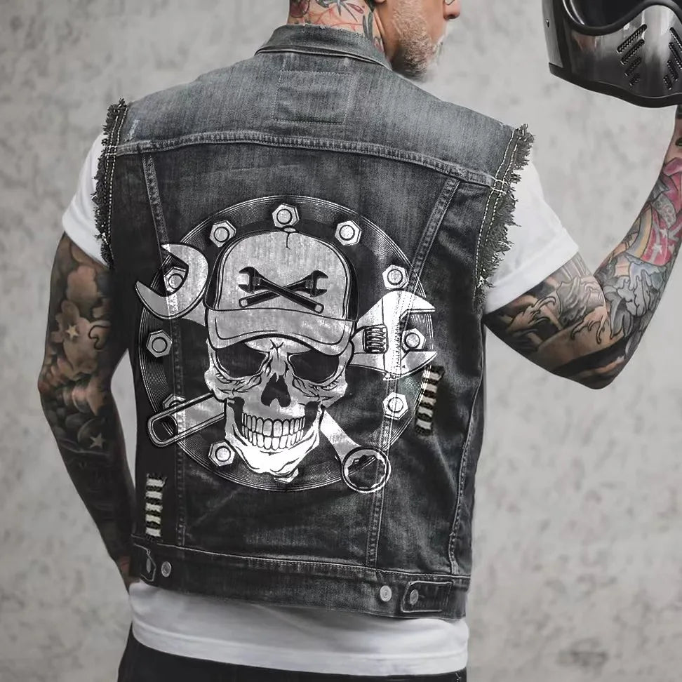 Alr™ Men's Denim Biker Motorcycle Vest, Skull Mechanic American