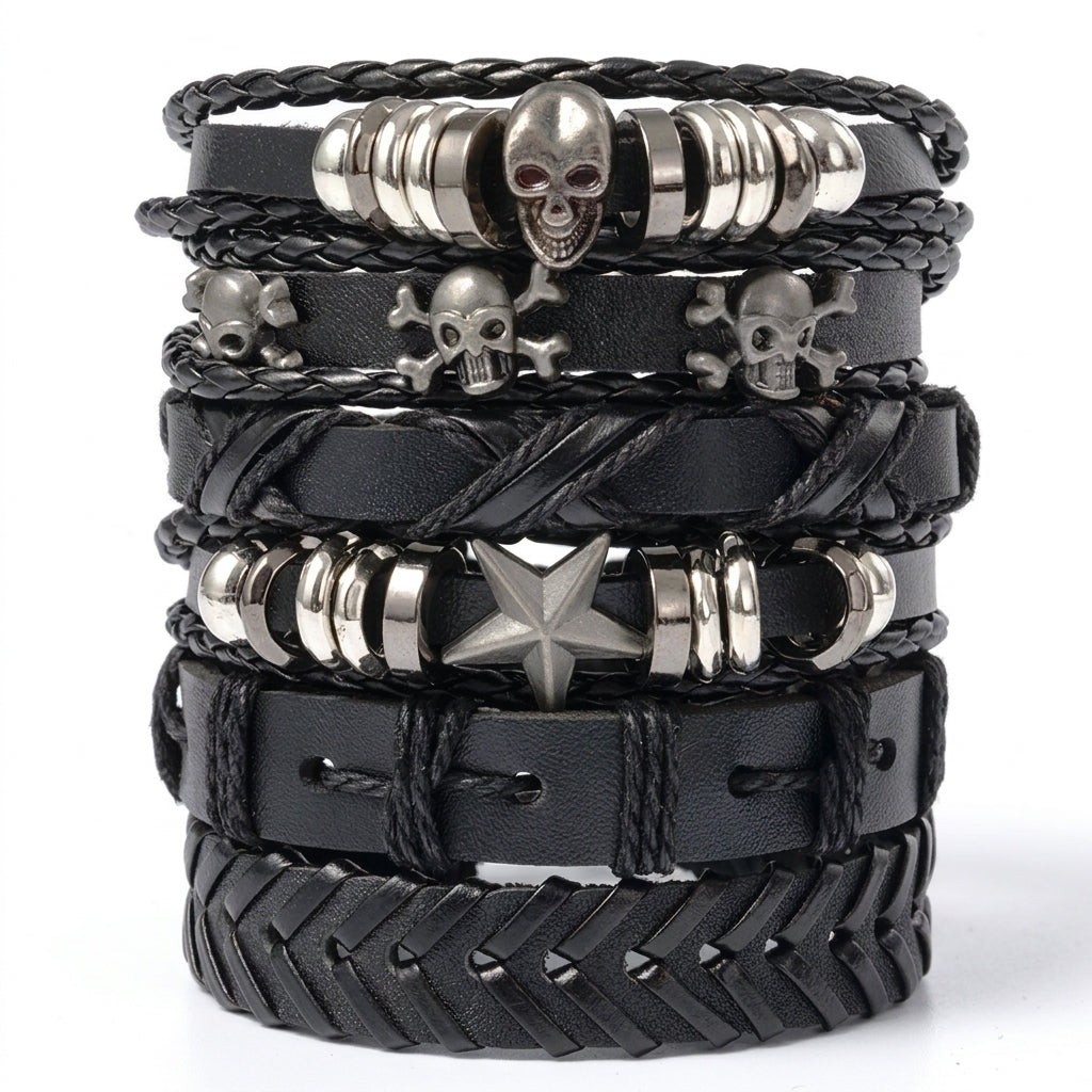 Stainless Steel Biker Ring - Set Black Punk Skull & Star Shaped Alloy