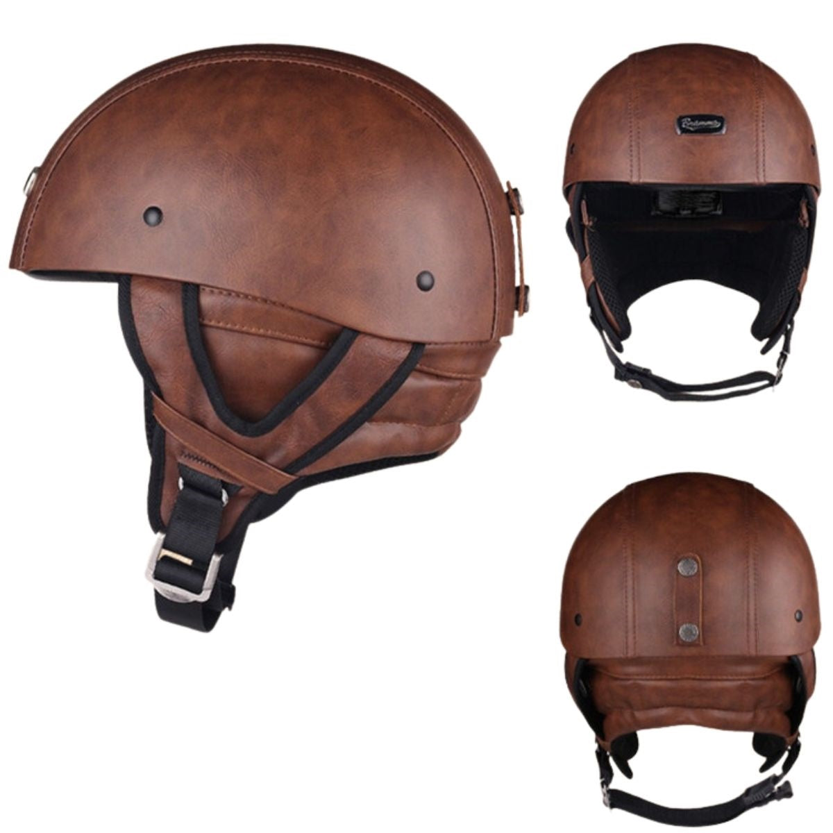 A biker style, Nazi Brown Leather German Motorcycle Helmet with a leather strap.