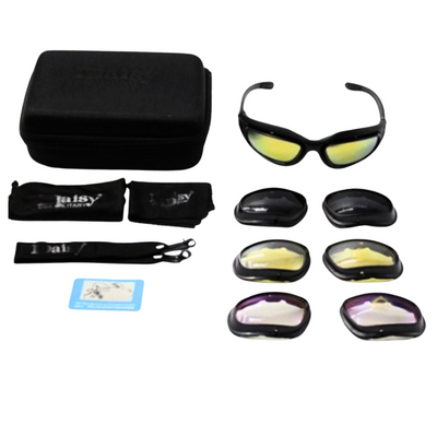 A set of Classic Daisy Biker Motorcycle Sunglasses, specifically designed for biker protection, complete with a durable case.