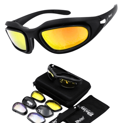 A pair of Classic Daisy Biker Motorcycle Sunglasses with orange lenses, providing protection and perfect for bikers. The set also includes a case.