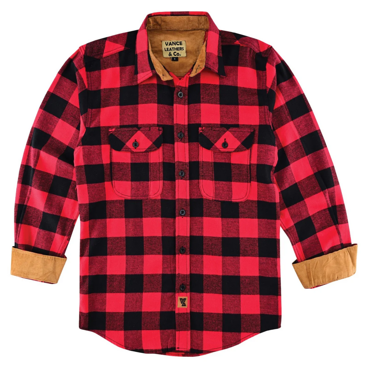 Vance Leather VB1710Br Men's Classic Red Long Sleeve Plaid Button Down Casual Flannel Shirt, 100% Cotton, Corduroy Cuffs