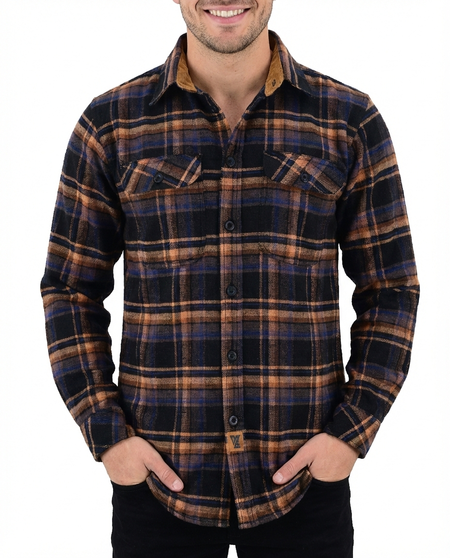 Vance Leather VB1712BT Men's Lumberjacket Midnight Rust Long Sleeve Plaid Button Down Casual Flannel Shirt, 100% Cotton, Corduroy Cuffs