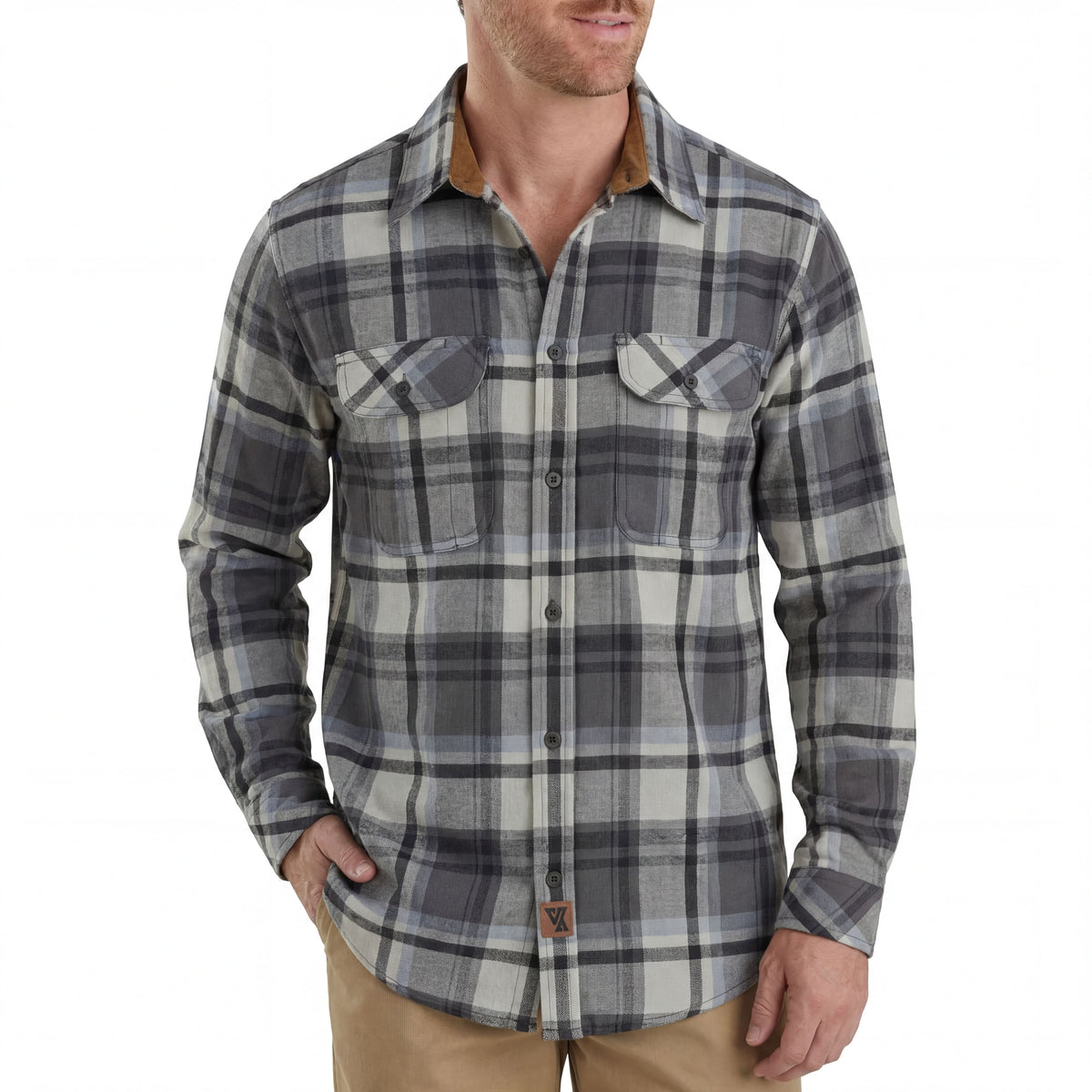 Men's Charcoal Checkered Long Sleeve Plaid Button Down Casual Flannel Shirt, 100% Cotton, Corduroy Collar & Cuffs