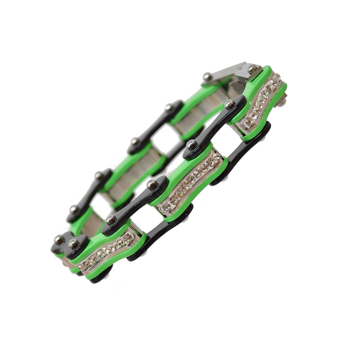 Two Tone Black and Lime Green Ladies Bike Chain Bracelet with White Crystal Centers