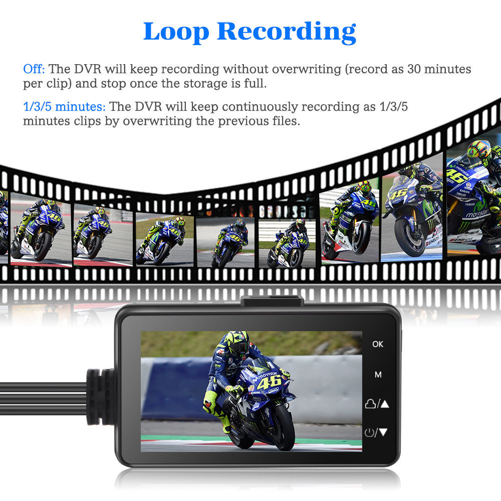 Motorcycle Black Dual Lens Dash Cam Video Recorder 3.6 Inch HD 1080P + Free sd card