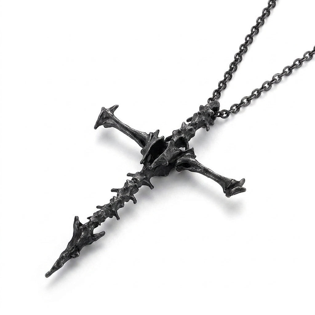 Stainless Steel Biker Ring - Diablo Skull Skeleton Cross Pendant Neckl