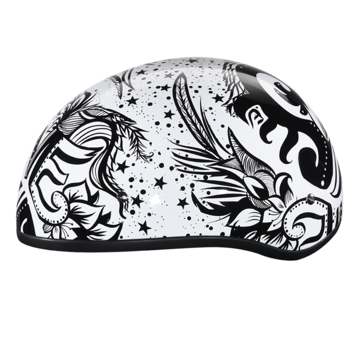A Daytona D.O.T Skull Cap - w/Lovesee Helmet with intricate black designs including feathers, stars, and abstract shapes, featuring a slim line design that enhances its sleek appearance.