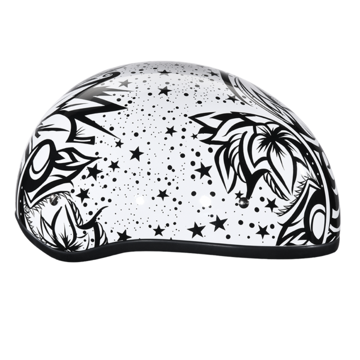 Daytona D.O.T Skull Cap - w/Lovesee Helmet with black abstract and floral designs, featuring star patterns. Crafted with a slim line design, it meets D.O.T. Safety Standards for your peace of mind.