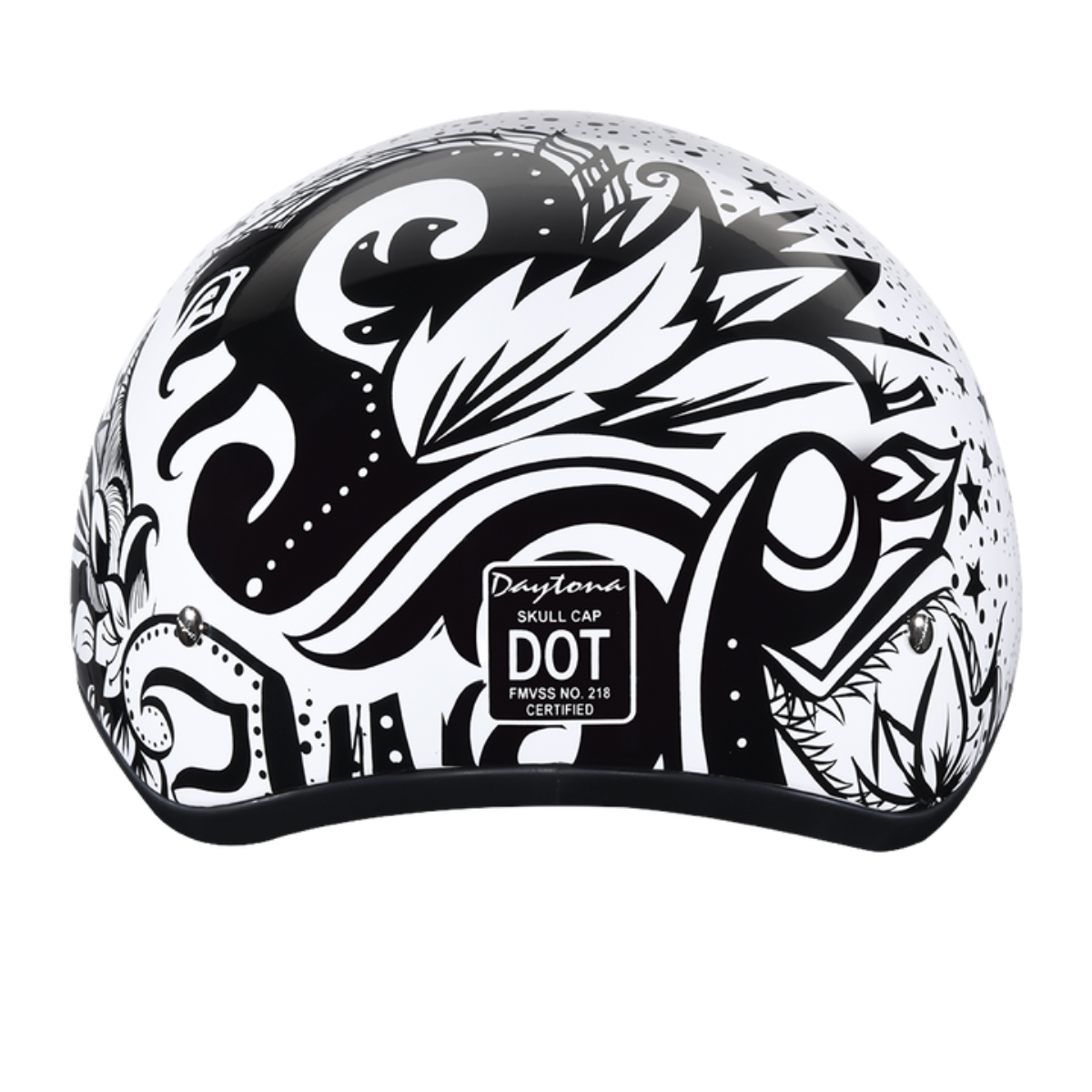 A black and white motorcycle helmet featuring an intricate abstract design with floral and swirl elements, crafted with a Slim Line Design for a sleek look. The back of the helmet shows a "Daytona D.O.T Skull Cap - w/Lovesee Helmet" label, ensuring it meets D.O.T. Safety Standards.