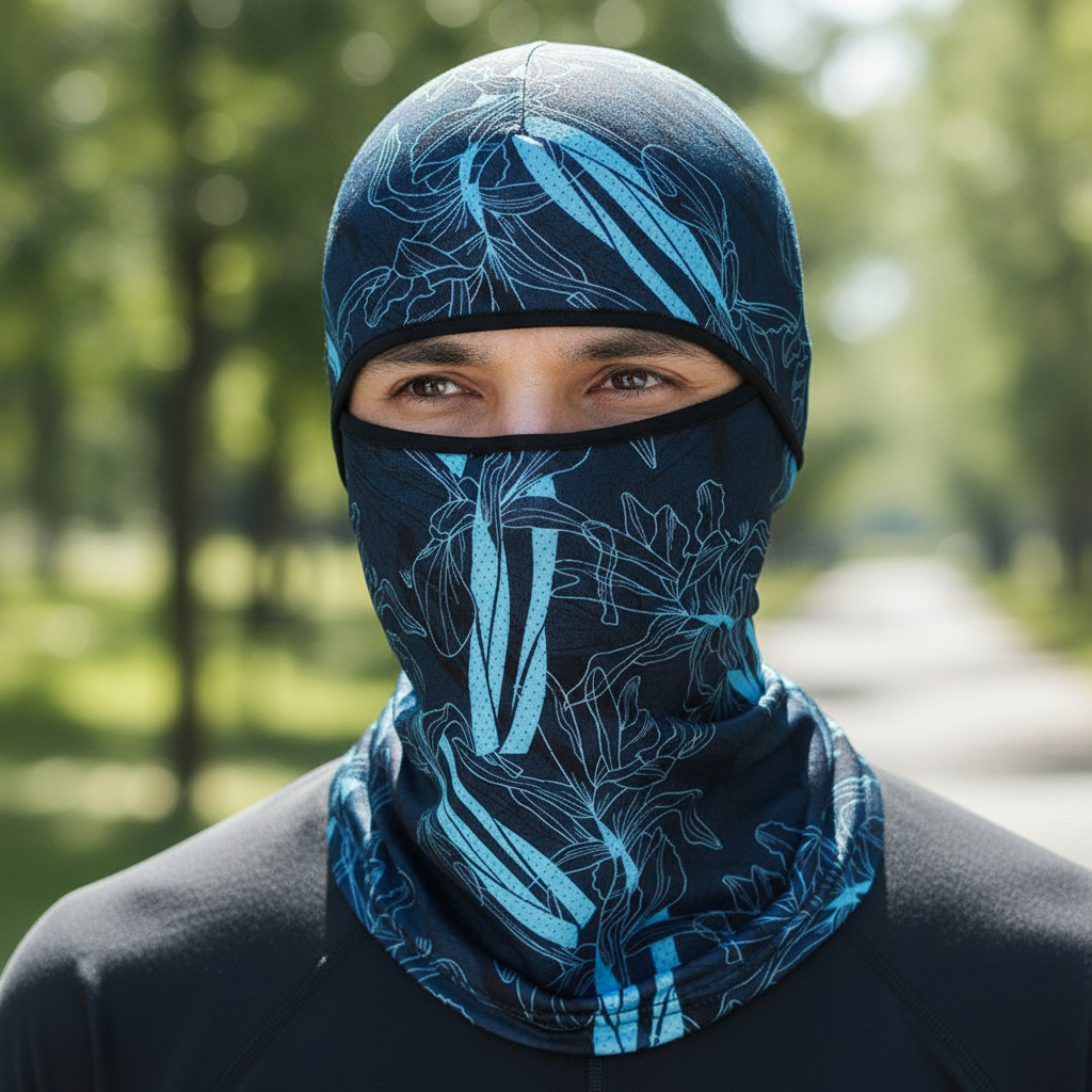 close up of a man wearing a patterned ice silk balaclava