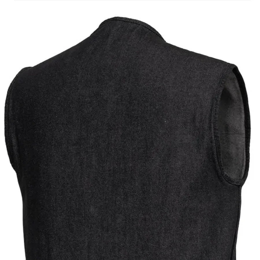 Haywood Men's Motorcycle Denim Vest - Black Men's Denim Vest Vests