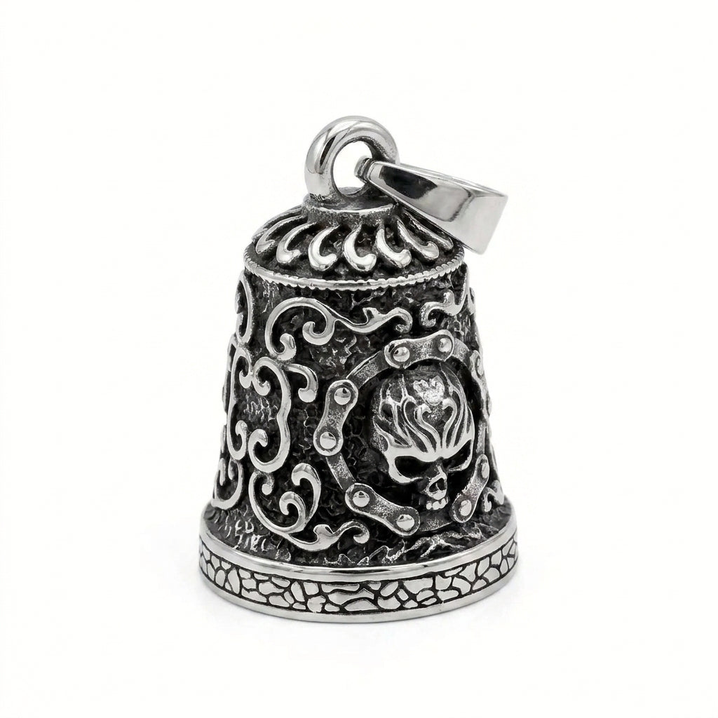 Stainless Steel Biker Ring - Skull Bell Charm Motorcycle Bells Decor M