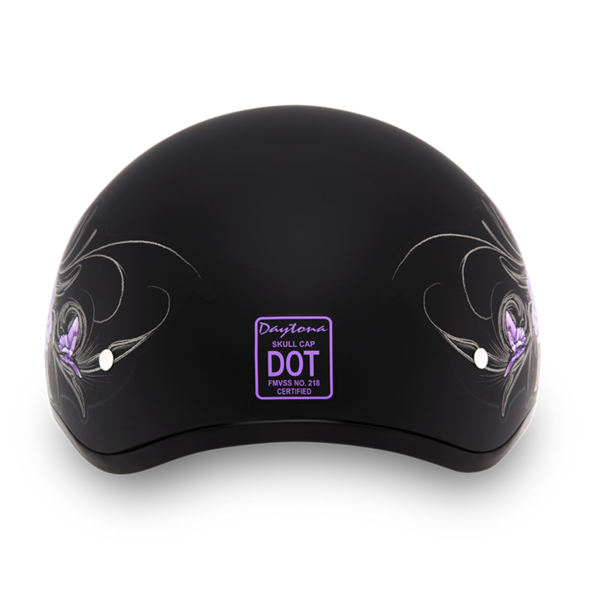 Daytona D.O.T Skull Cap - w/Wild at Heart half shell motorcycle helmet with decorative purple designs on the sides.